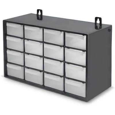 Imagen de KROWN Clasificador Modular de Pared Apilable, 27 x 17 12,5 cm, 16 Cajones, Almacenamiento Pequeñas Herramientas, Tornillos, Marco Polipropileno, Cajones Transparentes (Plata)