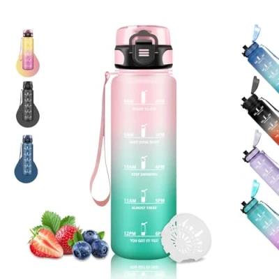 Imagen de Botella Agua 1 Litro, Gimnasio, Reutilizable, Fácil de Limpiar, Deportiva, con Marca Tiempo, para la Ciclismo, Correr, Senderismo, Rosa Verde