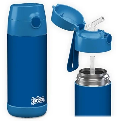 Imagen de JARLSON® botella Agua niños con pajita CHARLI, Botellas Acero Inoxidable termica, sin BPA, a Prueba de Fugas, para la Escuela y Deportes, el Termo, 350 ml