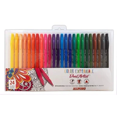 Imagen de Rotuladores Doble Punta Alpino Color Experience Estuche de 24 Unidades para Mandalas y Lettering Fine Liner 0,7mm, Pincel 2,9mm, Forma Triangular, Ergonomico
