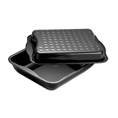 Imagen de DR OETKER Fuente para horno alta y rectangular con tapa Besuguera Rustidera antiadherente esmaltado negro Bandeja XXL, resistente hasta 400ºC, hecha en Alemania, 42x34x7,5cm, 1ud.