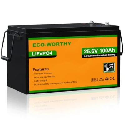 Imagen de ECO WORTHY LiFePO4 100Ah 24 V con protección BMS y 4000 15000 ciclos, batería de litio 100 Ah para caravanas, autocaravanas, sistema solar completo