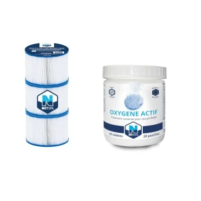 Imagen de NETSPA Pack de mantenimiento Spa, 3 cartuchos filtración y 20 pastillas oxígeno activo, tratamiento universal