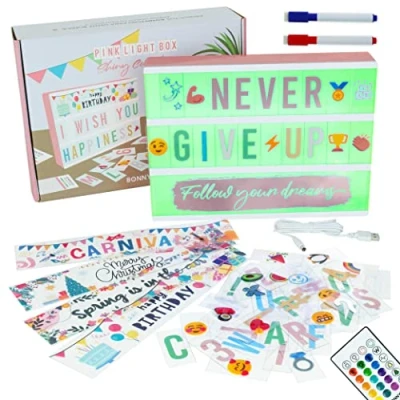 Imagen de Caja de Luz A4 Oro Rosa 16 Colores con 400 Letras y Emojis, 10 Tarjetas Premium, Mando 2 Rotuladores BONNYCO Ñ Ç Cartel Luminoso LED Regalos Originales para Mujer Niñas Navidad