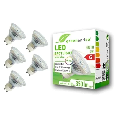 Imagen de greenandco 5x Spot LED IRC90+ 3000K 110 GU10 5W (corresponde a 41W) 350lm SMD 230V AC, sin parpadeo, no regulable