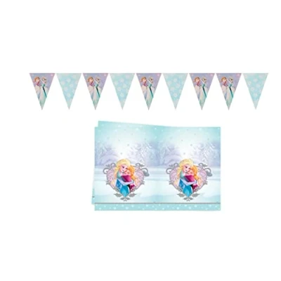 Imagen de ALMACENESADAN 4683, Pack Fiesta cumpleaños Frozen, Compuesto por Mantel 120x180cm y Lineal de 9 banderines 2,40 Metros Aproximadamente (8435510346836)