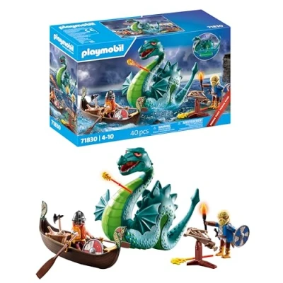 Imagen de PLAYMOBIL Vikingo con Monstruo Marino Juguete Educativo para niñas y niños de 4+ años Set Juego imaginativo Figura dragón &amp; Barco fomentar la Creatividad 71830