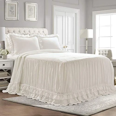 Imagen de Lush Decor Ella Shabby Chic Juego de 3 Piezas Colcha Encaje con Volantes, Color Blanco, Estilo Granja, tamaño King, poliéster