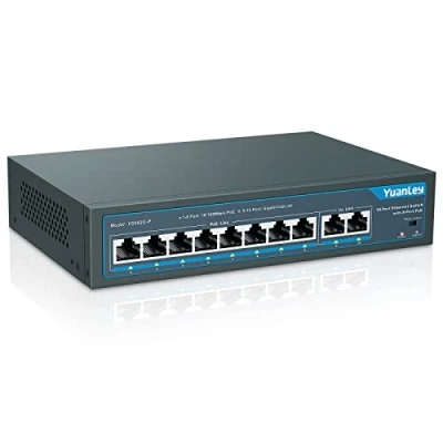 Imagen de YuanLey 10 Port PoE Switch, 8 PoE+ 100Mbps, 2 Uplink Gigabit, 120W 802.3af/at, Función de Extensión, Sin Ventilador, Metal, Plug &amp; Play