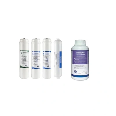 Imagen de Pack 4 filtros Inline + Higienizador Bbagua de 0,5 Litros. El compuesto por 1 Sedimentos, Carbón GAC, Block y Post Filtro Coco. Bbagua.