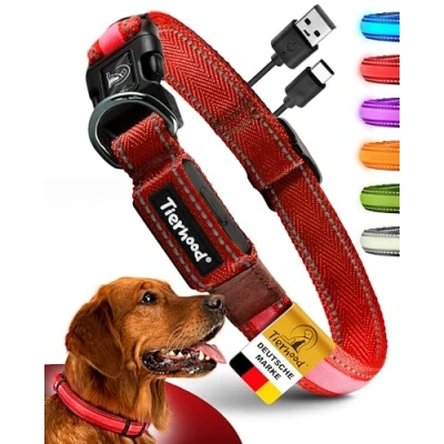 Imagen de Tierhood collar luminoso para perros pequeños y grandes, LED recargable, duradero, resistente a la intemperie cómodo, ideal paseos nocturnos, rojo, talla L