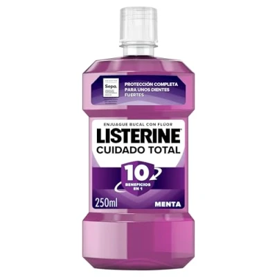 Imagen de Listerine Cuidado Total (1 x 250 ml), enjuague bucal con flúor, colutorio 6 beneficios en 1, elixir para una limpieza completa