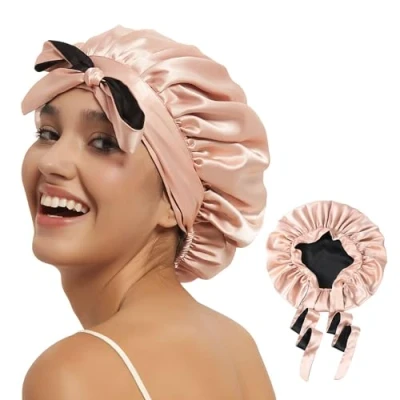 Imagen de Hat Hut gorro de satén seda para dormir cabello rizado, reversible dos capas con banda atar, rosado/ negro, Talla única