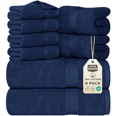 Imagen de Utopia Towels Juego de Toallas Premium 8 Piezas, 2 Baño, Mano y 4 Toallitas Algodón para Casas, Hoteles Spas, Altamente Absorbentes (Azul Marino)