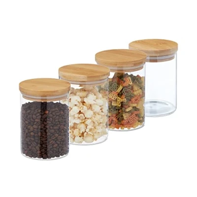 Imagen de Relaxdays 750 ml Botes Cristal, Set 4, Recipientes Cocina Grandes, Tapa Bambú, Tarros Herméticos, Transparente/Natural, Silicona
