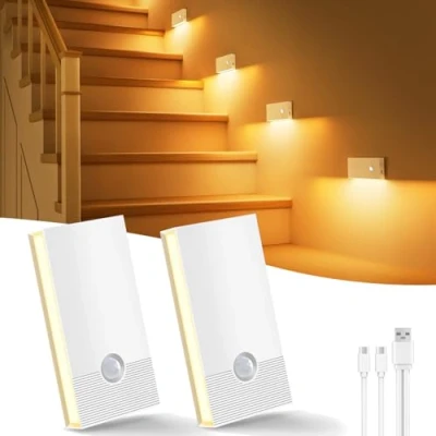 Imagen de Swoieltr Luz Nocturna con Sensor de Movimiento, 2 Piezas Recargable Infantil 3 Modos, Noche LED para Escaleras,Pasillo,Baño,Cocina, Habitaciones niños,Blanco