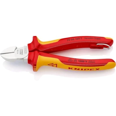 Imagen de Knipex Alicate de corte diagonal cromado, Aislado con fundas multicomponente, homologado por VDE; anilla fijación aislada e integrada para colocar una protección anticaída 160 mm 70 06 T