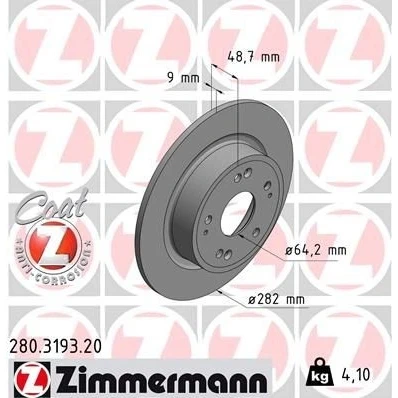 Imagen de ZIMMERMANN 280.3193.20 Disco de freno 282 9 9/5 5 114 macizo revestido HONDA: HR V II