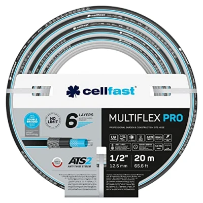 Imagen de Cellfast Manguera de jardín MULTIFLEX PRO, Duradera, 6 Capas Trenzada ATS2, Resistente a los rayos UV y las algas, sin metales pesados, Tecnología terciopelo, 35 bar, 20/65 C 1/2 &quot;, 20 m