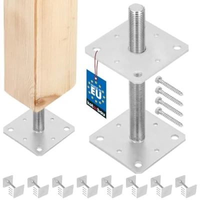 Imagen de KOTARBAU® Lote de 8 Soporte para postes 160 mm x 250 mm, rosca M24 atornillar, Base sujeción galvanizada, Altura ajustable, Pie suelo hormigón, Placa regulable