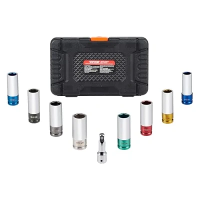 Imagen de VEVOR Kit de dados Impacto para tuercas Rueda con Estuche Almacenamiento y Barra Extensión Profundos SAE 6 Puntas Métricos Impulsión 12,7 mm, 8 tamaños