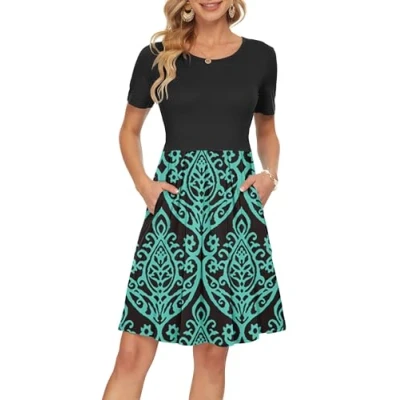 Imagen de AUSELILY Vestido Informal de Manga Corta con Pliegues Sueltos y para Mujer Dos Bolsillos Negro Verde 2XL
