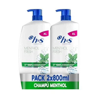 Imagen de H&amp;S Menthol Fresh Champú Anticaspa 2X800ml Con Dispensador, Para Uso Diario. Hasta 100% De Protección Anticaspa, Clínicamente Probado. Todo Tipo Pelo Y Cuero Cabelludo. Frescor, Aroma A Mentol