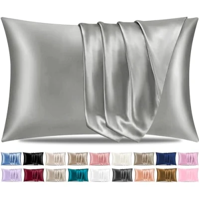 Imagen de Pamposh Juego de 2 fundas almohada seda satinada para cabello y piel, tamaño estándar con cierre sobre (2 50 x 75 cm), color gris