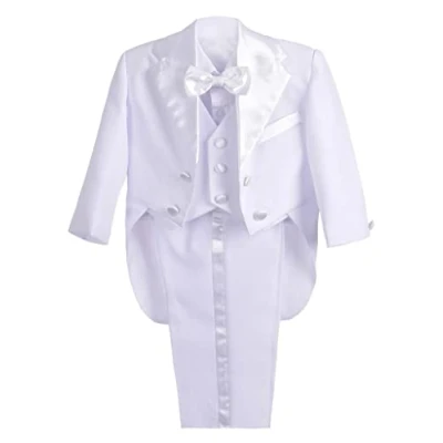 Imagen de Lito Angels Conjunto de 5 Piezas Trajes Vestir para niños bebé, Esmoquin Formal con Cola, Traje Caballero Boda Fiesta Ceremonia (Blanco) 6 Meses
