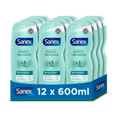 Imagen de Sanex Natural Prebiotic Bio Agave Revitalizante Gel de Ducha, Pack 12 Uds x 600ml, Baño con Prebiótico Agave, 12H Hidratación, 92% Origen Natural*, Sin Sulfatos SLS**