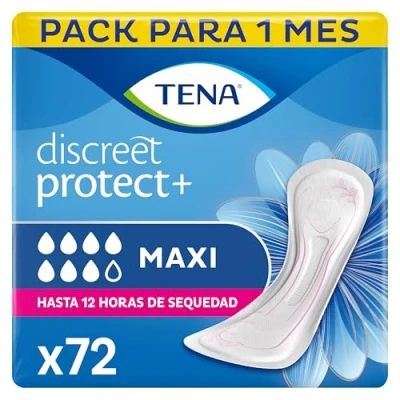 Imagen de TENA Discreet Maxi x72 Compresas Muy Absorbentes para Incontinencia y Pérdidas de Orina abundante Hasta 12 Horas Sequedad 6 Paquete con Bolsitas Individuales