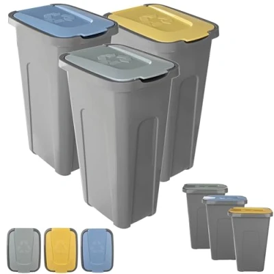 Imagen de KADAX Juego de 3 cubos basura 30 l para sistema separación basura, cubo plástico con tapa abatible (amarillo, verde y azul)