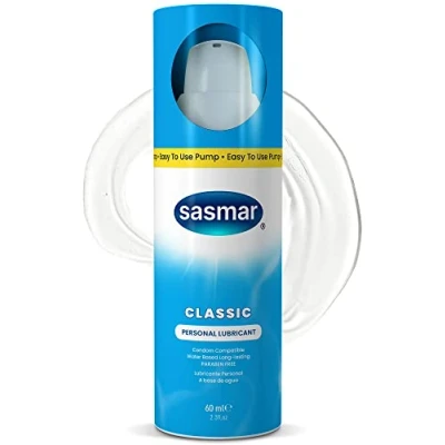 Imagen de Lubricante personal a base de agua Sasmar, mejora el placer, fórmula larga duración, sin parabenos, huele genial, bomba 60 ml