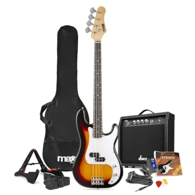 Imagen de Max GigKit Pack completo de bajo electrico con amplificador eléctrico 40W, soporte suelo, funda electrico, afinador, cable 3 metros, cuerdas Color blanco