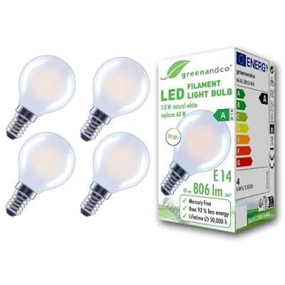 Imagen de greenandco 4x bombilla de filamento LED esmerilado E14 G45 3,8W 806lm sustituye A 60W 2700K blanco cálido 320 230V sin parpadeo clase energética no regulable