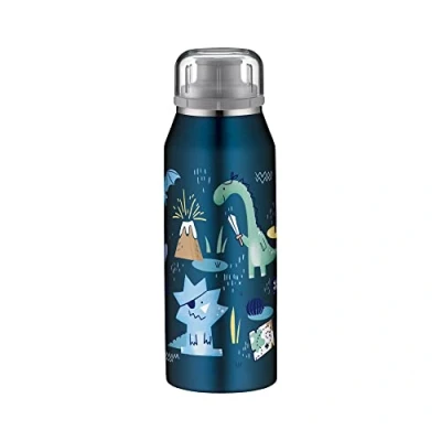 Imagen de alfi Kids ISO Bottle 350 ml, Dino Pirates, cantimplora Infantil de Acero Inoxidable, estanca con tapón Rosca, Mantiene el Calor 12 Horas y frío 24 Horas, para Bebidas Gas, sin Huellas