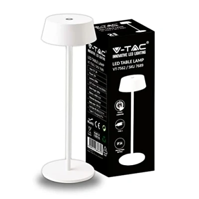 Imagen de V TAC Lámpara de Mesa Inalámbrica LED Regulable con Controles Táctiles Blanca para Interiores y Exteriores IP54 el Hogar o Restaurante Batería 4400 mAh Luz Cálida 3000 K 2W