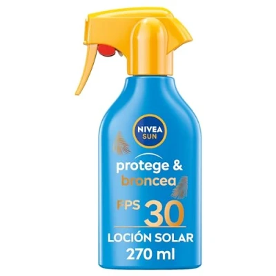 Imagen de NIVEA SUN Protege &amp; Broncea Spray solar FP30 (1 x 270 ml), activador del bronceado, protección solar, crema bronceadora, protector hidratante resistente al agua, pistola