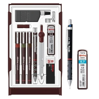 Imagen de rOtring Isograph Technical Pen Master Set S0699420 3 rotuladores finos (0,10 mm, 0,30 0,50 mm), portaminas (0,5 brújula y accesorios, juego de 10 piezas en estuche con lápiz 0,7 mm