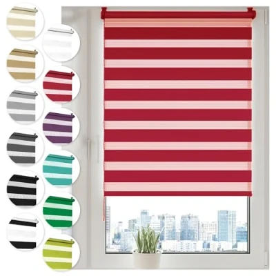 Imagen de Sonello Estor Enrollable de Doble Capa Noche y día 110cm x 130cm Rojo, Klemmfix sin taladrar, Tejido,Fácil Instalar Herramientas para Ventanas Puertas, Proteccion Solar,Stores