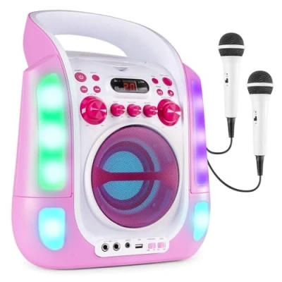 Imagen de FENTON SBS30 Sistema de Karaoke portátil con 2 micrófonos Rosa, función Bluetooth y Efectos luz LED, Reproductor CD + G, Noche Karaoke, Ideal para Cantar Amigos