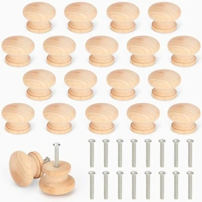 Imagen de BELLE VOUS Pomos Madera Redondo Sin Acabado con Tornillos (Pack de 20) Tiradores para Cajones 3,4 x 2,5 cm Abedul Natural Armarios, Gabinetes, Alacena y Cajón