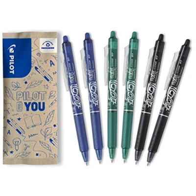 Imagen de Pilot Frixion Clicker Bolígrafo de tinta gel borrable y recargable con mecanismo presión termosensible, juego 6 unidades en azul/negro/verde, punta media