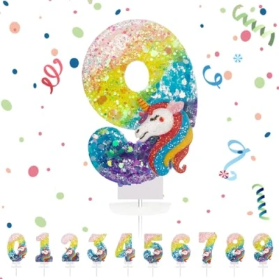 Imagen de Velas Cumpleaños Números 9,3D Unicornio Arco iris Vela,Vela de Número 9 Pastel Decoración,Aniversarios,Baby Shower