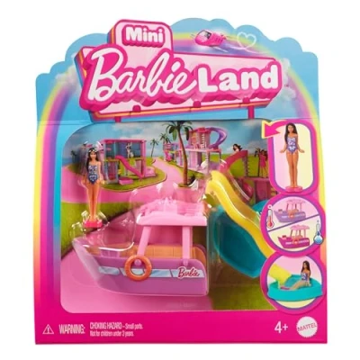 Imagen de Barbie Mini Barbieland Barco que cambia de color con el agua para minifiguras muñeca pequeña morena y tobogán, juguete +4 años (HYF41)