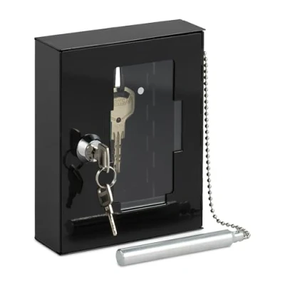 Imagen de Relaxdays Caja para Llave de Emergencia, Cajetín con Ventana Cristal y Martillo, Cerradura, Portallave Metal, Negro, 15 x 12 5 cm