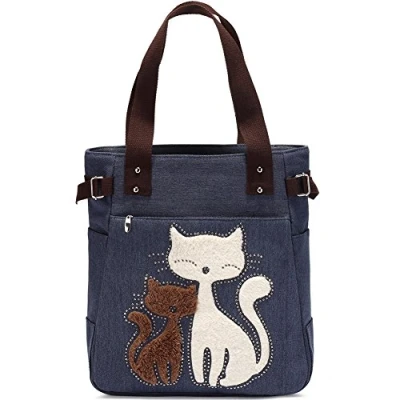 Imagen de KAUKKO bolso de hombro las mujeres con el compras lindo del ocio la lona gato (Azul)