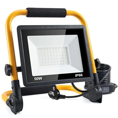 Imagen de Foco de Construcción LED 50W, Trabajo Portátil con 5000LM, Giratorio Soporte Plegable, IP65 Impermeable en Exterior,para Uso Interiores y Exteriores,para Obra, Taller, Garaje,6500K