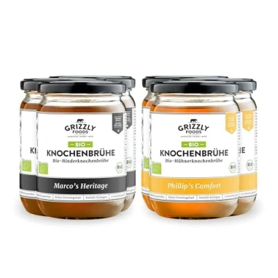 Imagen de Grizzly Foods Caldo de hueso orgánico ternera y pollo (6 x 500 ml) Más 20 g colágeno por vaso Cocido durante 72 horas 100% natural sin azúcar, aditivos Nutrientes valiosos