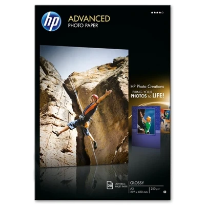 Imagen de HP Advanced Glossy Photo Paper, Q8697A, 20 hojas de papel fotográfico satinado avanzado, compatible con impresoras inyección tinta, A3, peso del material impresión 250 g/m²